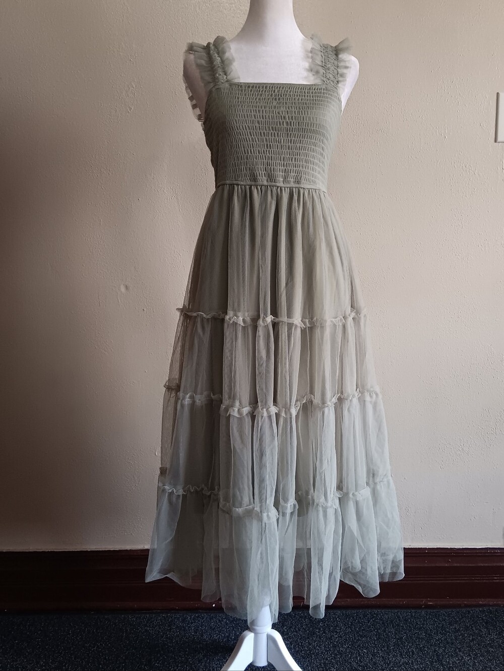 Fairycore Tiered Tulle Slip On Maxi Dress in Sage Green Pretty Garden Size Small - Picture 2 of 12